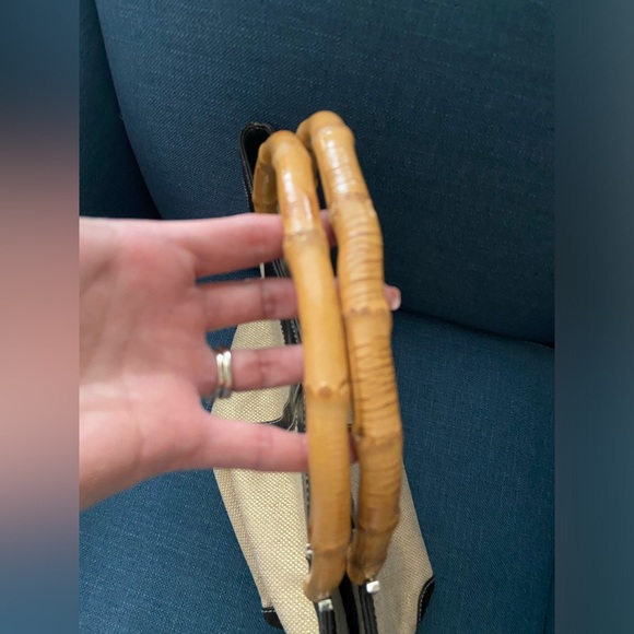 Kate Landry Woven Mettalic Straw Tote Leather Trim & Dual Bamboo Handles Bag - Picture 10 of 12